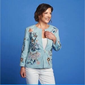 Indigo Moon Womens 1X Blue Floral Embroidered Blazer Jacket Career Workwear